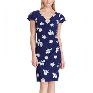 Lauren Ralph Lauren V-Neck Faux Wrap Blue Floral Print Jersey Dress Sz 10